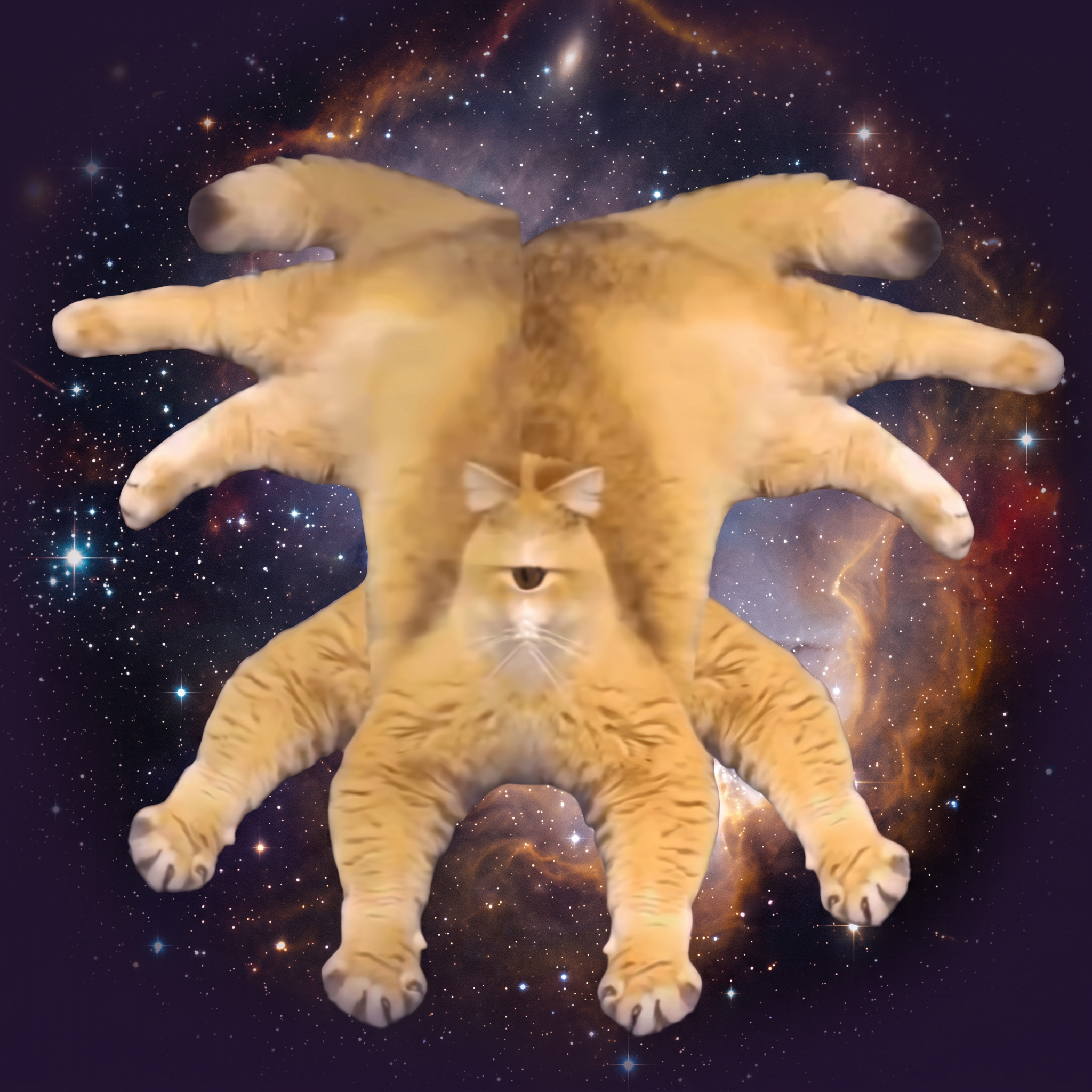 CATCLOPS — a ginger cat reflected in a mirror creating a one-eyed cyclops effect against a cosmic galaxy background